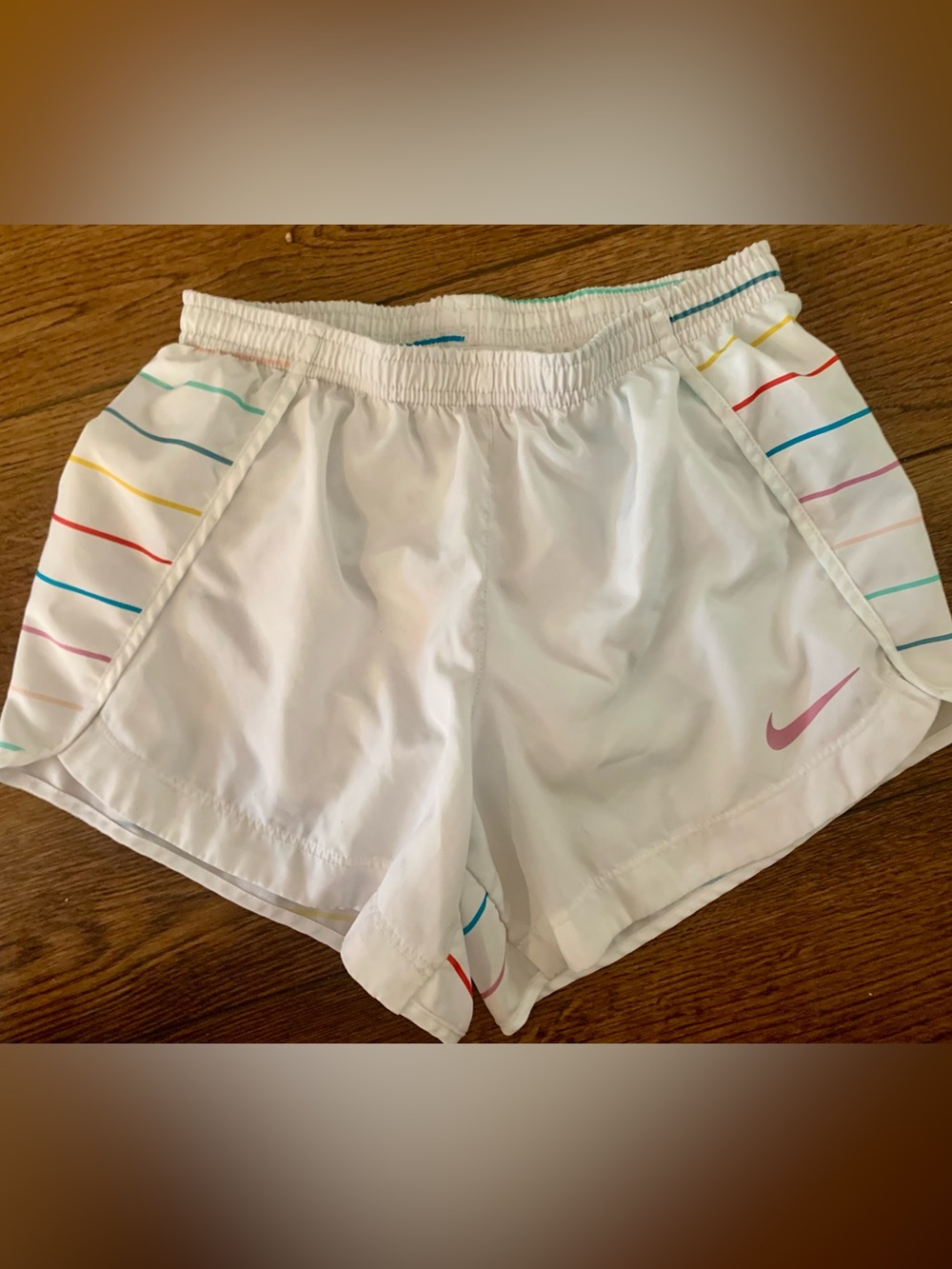 Nike Dri Fit White Athletic Shorts w/ Multicolor Stripe Girls L